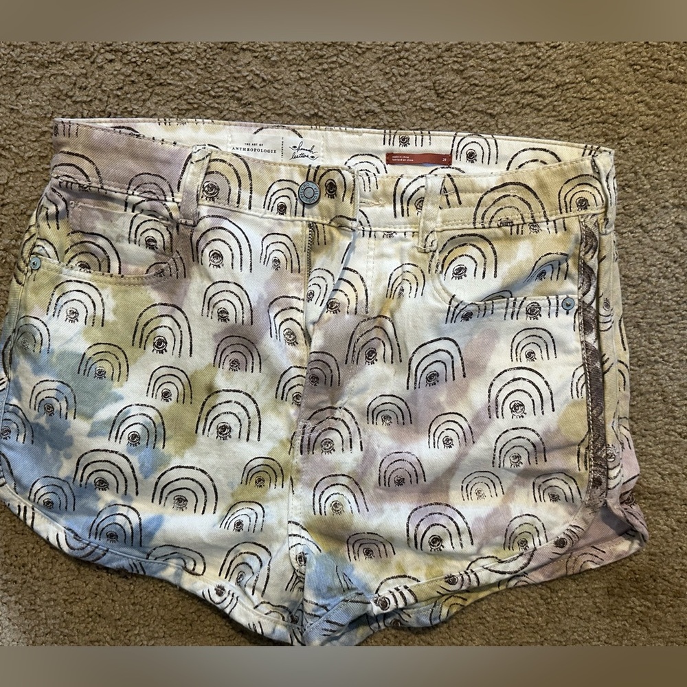 The art of ANTHROPOLOGY HANNAH LEATHERS rainbow high rise shorts.